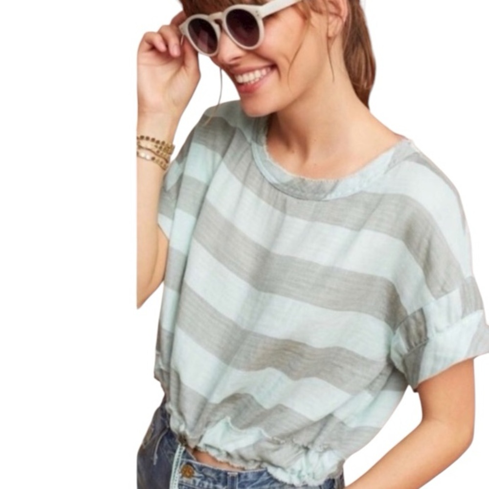 Akemi+Kim Breezy Tee Cropped Drawstring Gauzy Cotton Oversized Frayed Hems SZ S